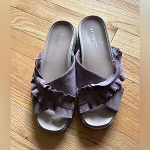 Vionic - Azalea -mauve  Slide Sandals with Ruffled Design- size 8